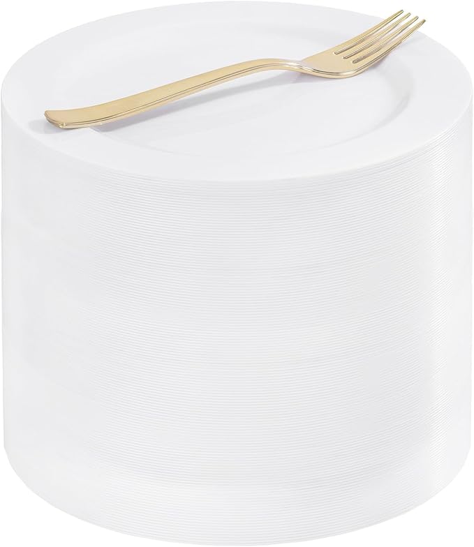 WELLIFE 100PCS White Plastic Dessert Plates and 100PCS Gold Disposable Forks, Premium Hard Dessert Plate 7.5?? Appetizer Plastic Plates for Party and Wedding