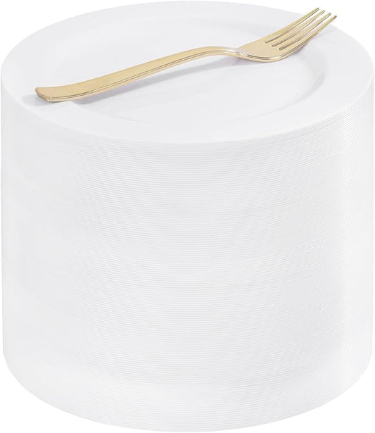 WELLIFE 100PCS White Plastic Dessert Plates and 100PCS Gold Disposable Forks, Premium Hard Dessert Plate 7.5?? Appetizer Plastic Plates for Party and Wedding