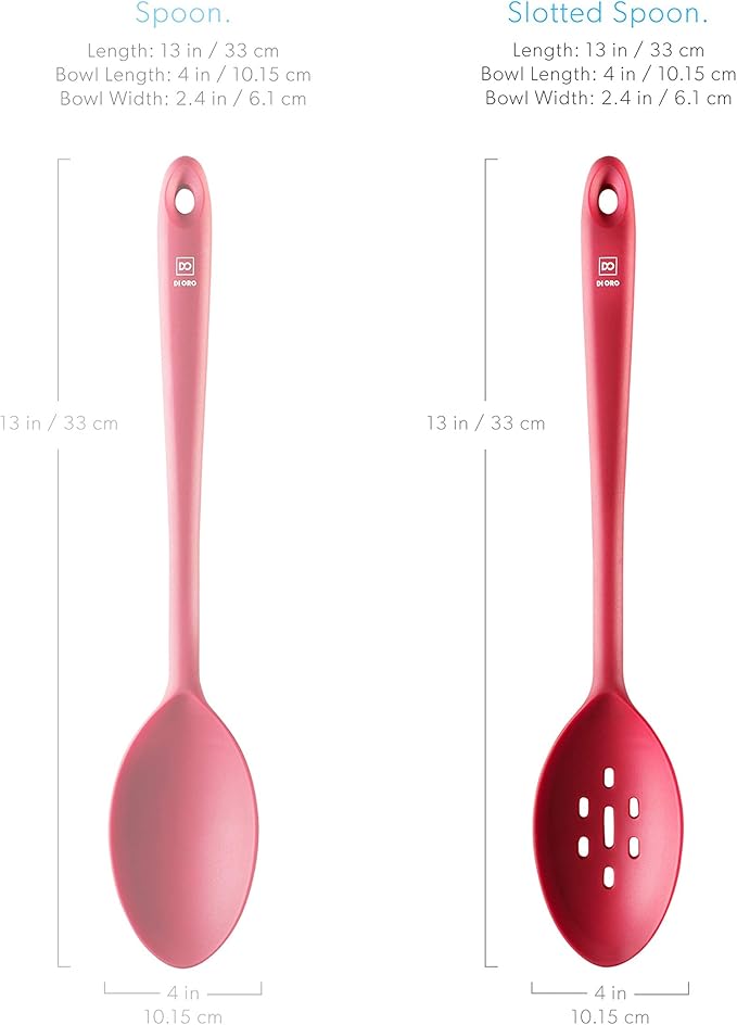 DI ORO Silicone Slotted Spoon - 600째F High Heat Silicone Spoon for Cooking Nonstick Cookware Safe - Silicone Kitchen Spoon for Serving & Stirring - Large Spoon for Mixing - Dishwasher Safe (Red)