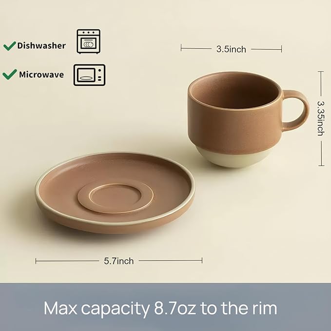 8oz Minimalist Handmade Ceramic Cappuccino Barista Cup with Saucer ??Artisanal Stoneware Espresso Coffee Mug, Lead-Free Latte Art Mug竊똇andmade Pottery tea mug or tea cup (Matte Brown)