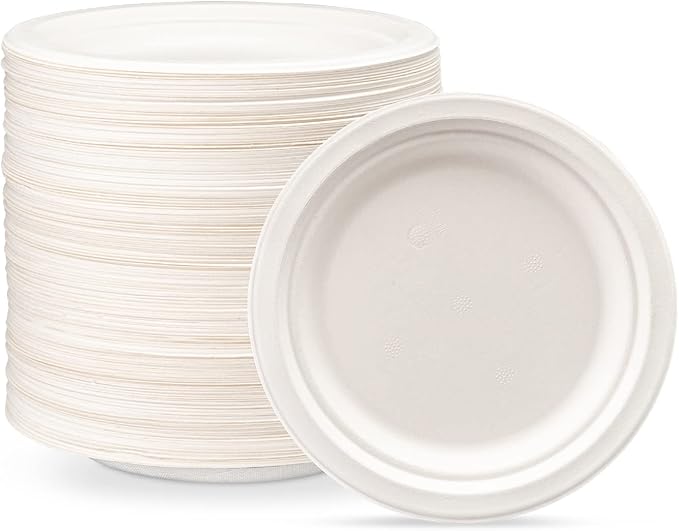 GUSTO [7 Inch - Pack of 125 Heavy-Duty White and Sugarcane Paper Plates, 100% Compostable, Eco-Friendly - Biodegradable Disposable - (Formerly Comfy Package)