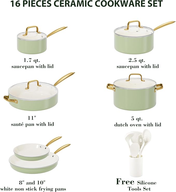 Pots and Pans Set Non Stick - VONIKI Ceramic Cookware Set with Cooking Utensils Set, Non Toxic Kitchen Cookware Sets Dutch Oven Pot with Lid Saucepan Set Saut챕 Pan Frying Pan Set for Cooking Gifts