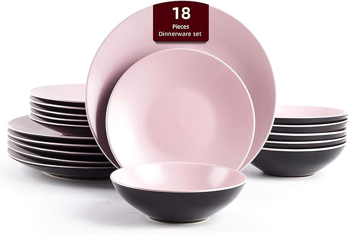 Stoneware Two-Tone Colors Life 18pc Dinner Set竊똎utside Shiny Black + Inside Matte Glaze Rose