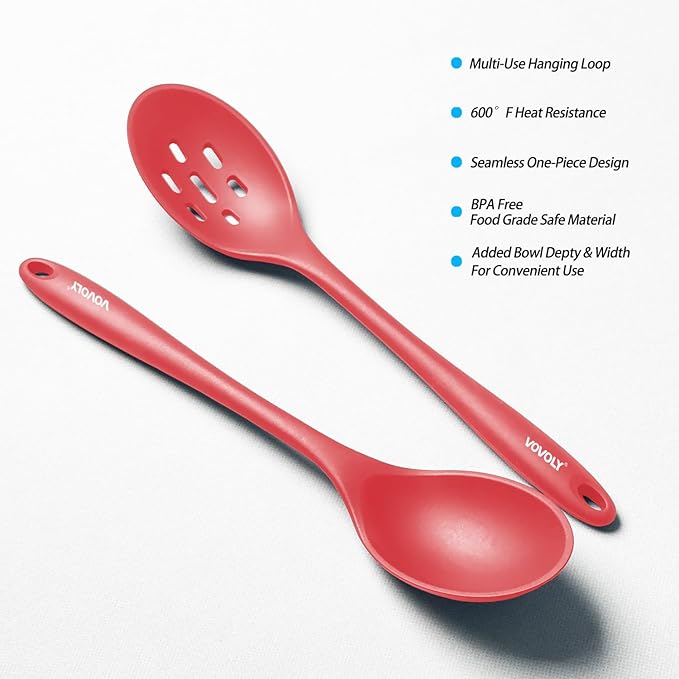 Silicone Spoons for Cooking - Extra Large Kitchen Spoons for Mixing, Serving, & Stirring - 600째F Heat-Resistant Non Stick Utensils Ladle & Skimmer- Dishwasher Safe, Red