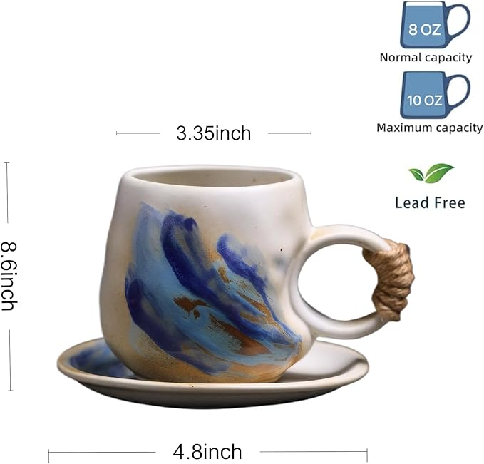 Small 8oz Unique Vintage Retro Japanese Handmade Ceramic Cappuccino Barista Cup with Saucer ??Artisanal Stoneware Coffee Mug,Handmade Pottery tea mug mor tea cup,Lead-Free Latte Art Mug, (1, White)