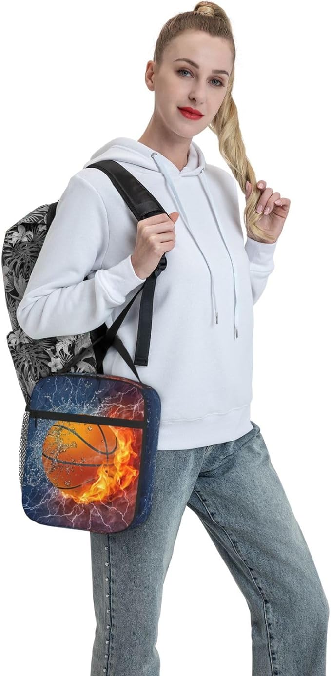 YIJIUWKIS Basketball Lunch Box for Kids Teens Boys Girls, Sports Insulated Lunch Bag Leakproof Portable Meal Bags with Side Pocket, Durable Reusable Tote Bag for Beach/Picnic/School/Work