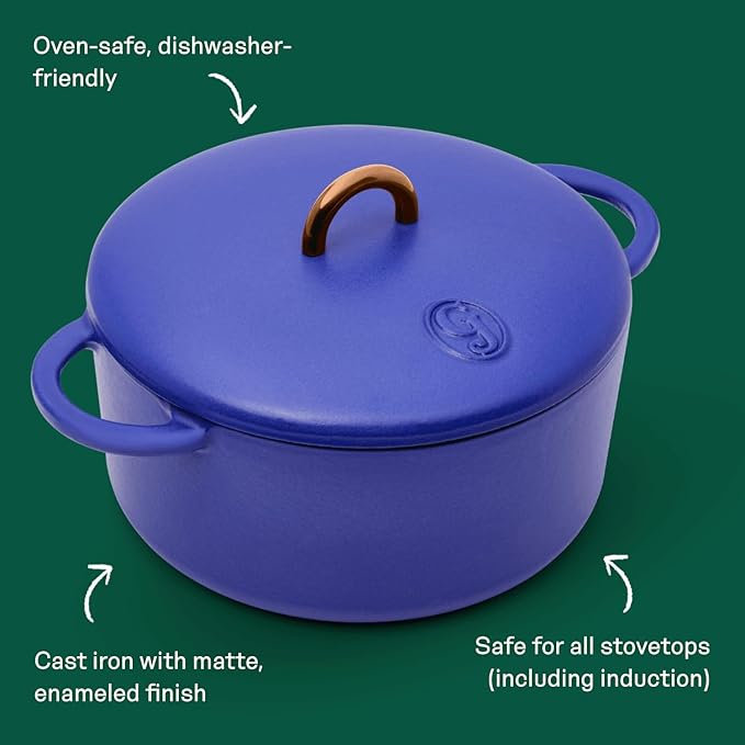 Great Jones Dutch Baby Dutch Oven with Lid (Blueberry, 3.5-Quart) | Enameled Cast Iron, Round Shape | Safe for Stovetops & Ovens up to 500째F | Space-Saving & Dishwasher-Friendly | Small-Batch Cooking