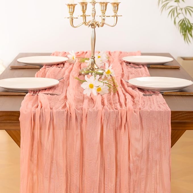 Socomi 3pcs Coral Peach Valentine's Day Cheesecloth Table Runner Boho Rustic Gauze 120 inch 10FT Cheese Cloth Runner for Wedding Party Baby Shower Birthday Home Decor Holiday Decorations
