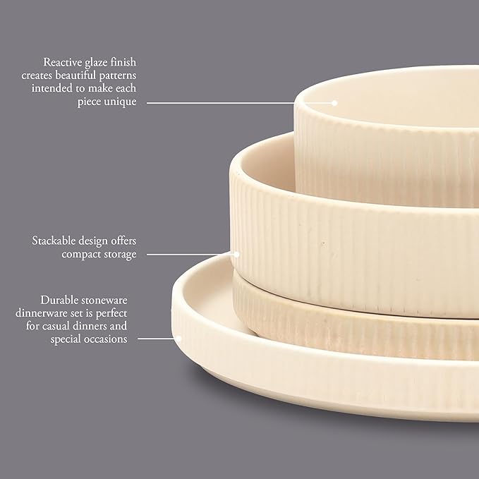 Gibson Elite Deerfield 16-Piece Stoneware Dinnerware Set ??Cream White Reactive Glaze Plates and Bowls, Stackable Design, Service for 4 ??Dishwasher & Microwave Safe
