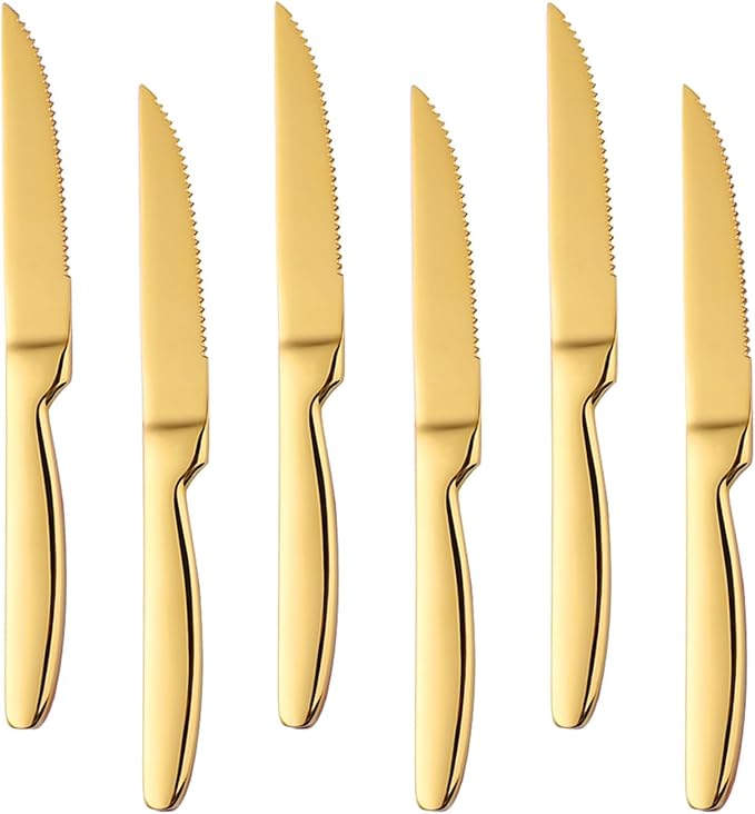 Gold Steak Knives Set of 6, Stainless Steel Serrated Kitchen Knife Set, Heavy Duty Dinner Knives for Cutting Meat, Beef, 8.6 Inch, Dishwasher Safe