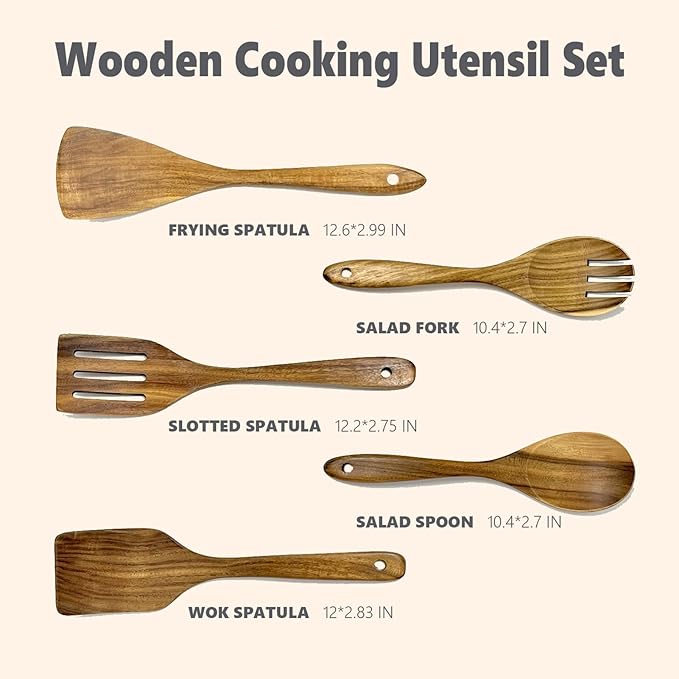 Wooden Utensil Set for Cooking, 5 Pcs Acacia Wood Spatulas for Kitchen use, Non Stick Wooden Kitchen Utensil Set of 5 including Spatula, Spoon, Slotted Turner