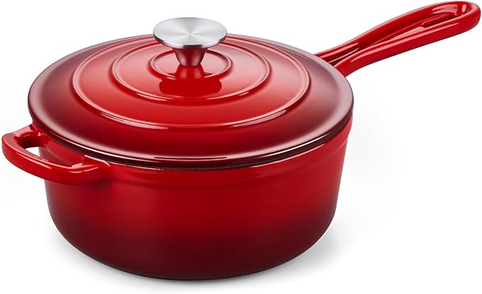 Onader Cast Iron Sauce Pan Pot, 3QT Small Saucepan with Lid, Enameled Cast Iron Dutch Oven Cooking Kitchen Pot, Nonstick & Heavy Duty ??Red