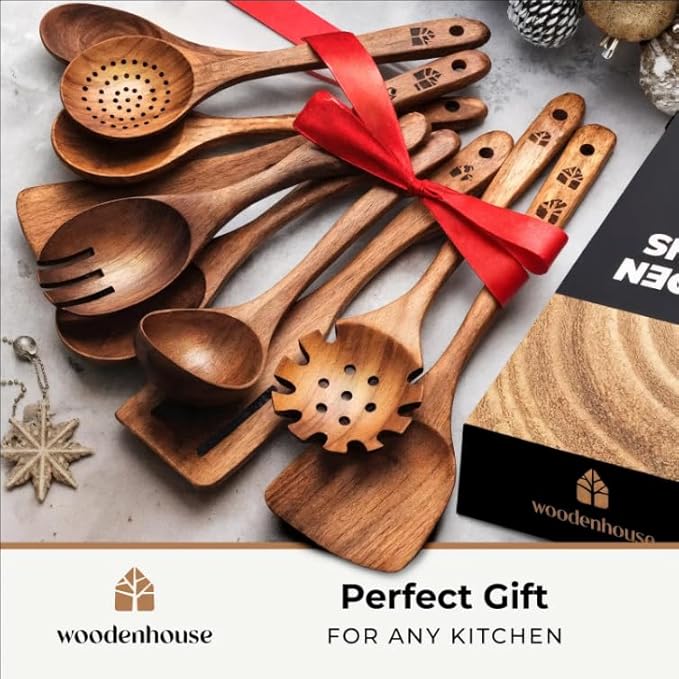 Wooden Spoons for Cooking ??10 Pc Teak Wood Utensil Set, Durable, Nonstick Safe & Heat Resistant with Ergonomic Handles - Unique Kitchen Gifts for Women Men, Cooking Gifts for Men Women