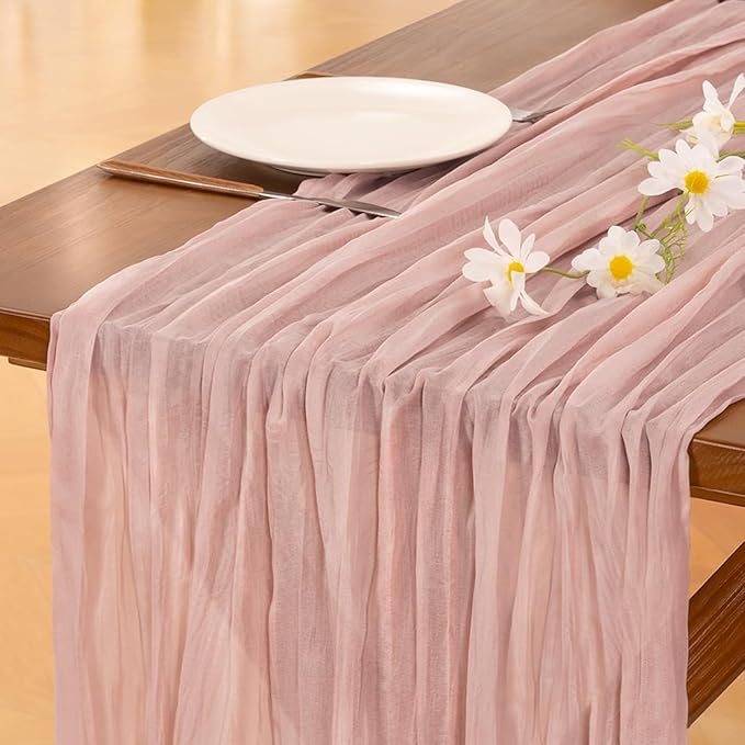 Socomi 6pcs Pink Cheesecloth Table Runner Valentine's Day Boho Rustic Gauze Dusty Pink Farmhouse 120 inch 10FT Cheese Cloth Runner for Wedding Party Baby Shower Birthday Home Decor