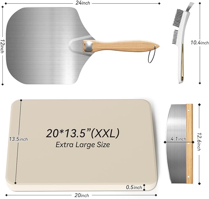 Gyreuni 4 PCS Rectangle Pizza Stone Set, 20" Large Pizza Stone for Oven and Grill with Pizza Peel, Pizza Cutter & Brush, Baking Stone for Pizza, Bread,BBQ