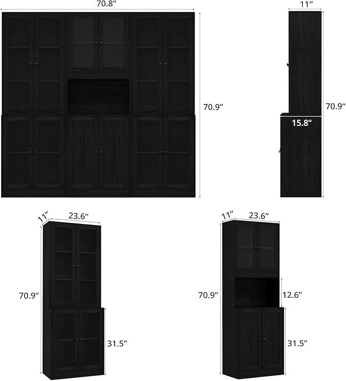 TUSY 71'' Tall Pantry Cabinet, Kitchen Hutch Storage Cabinet, Buffet Hutch Set of 3, China Cabinet with Glass Doors, 5-Tier Storage Cabinets for Dining Room, Living Room (Black)