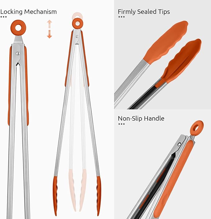 600쨘F Heat Resistant Kitchen Tongs: U-Taste 16 inch Extra Long Large Silicone Cooking Tong with Sturdy Non Stick Rubber Tips & Non Slip Silicon Coated 18/8 Stainless Steel Handle for Grill BBQ(Orange)
