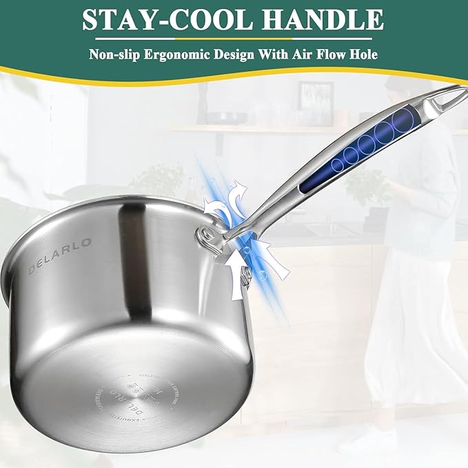DELARLO Tri-Ply Stainless Steel 1 Quart Saucepan with Lid, Compatible With All Stove 600?? Small Pots for Cooking, Fast Even Heats, Stainless Pot 1QT, Durable Sauce Pot, Saucepan with Lid