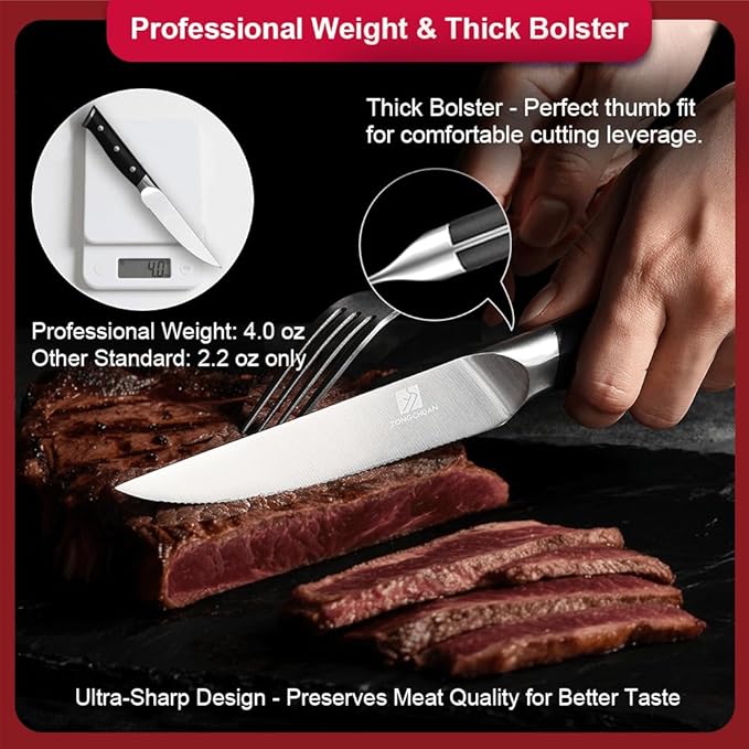 Medium Steak Knives Set of 6, 4.5 Inch High-Carbon Stainless Steel Serrated Steak Knife,Ergonomic Black Handles,Razor-Sharp, Dishwasher Safe, Rust-Resistant & Durable,Full Tang With Excellent Gift