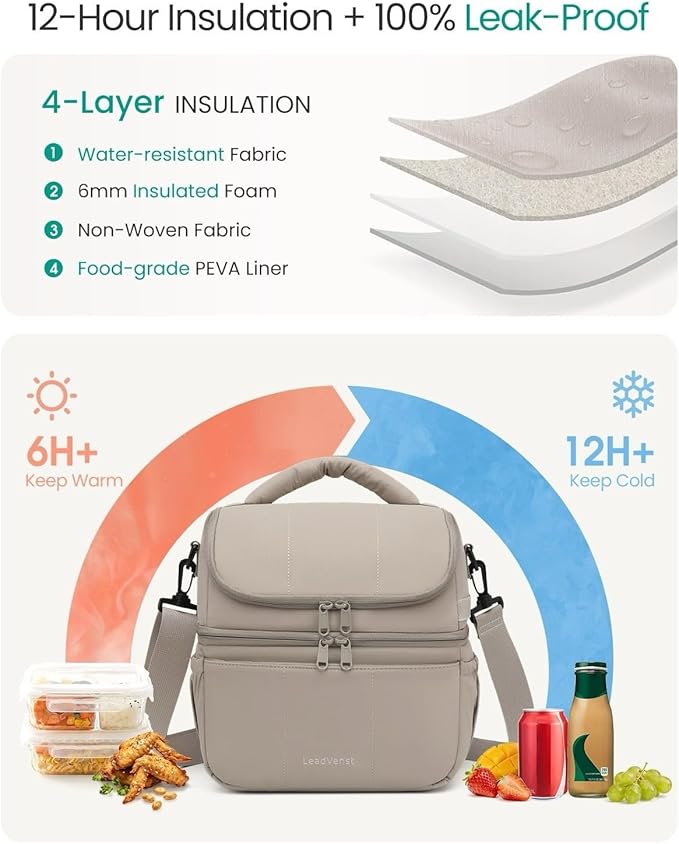 Leadvenst Lunch Bag Women Men, Double Deck Insulated Lunch Box, Large Capacity 12L with Detachable Divider for Tall Item, Leakproof, Durable & Reusable Cooler Bag For Work Picnic Travel, Quilted Khaki