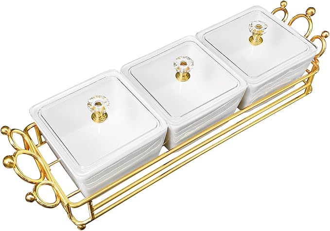 YA JU Ceramic Bowls and with Lid Gold Basket Trays, 3 Removable Small Bowls Condiment Trays Nut Serving Set for Snacks, Fruits, Candy and Condiments - Great for Parties, Holiday Gifts, White
