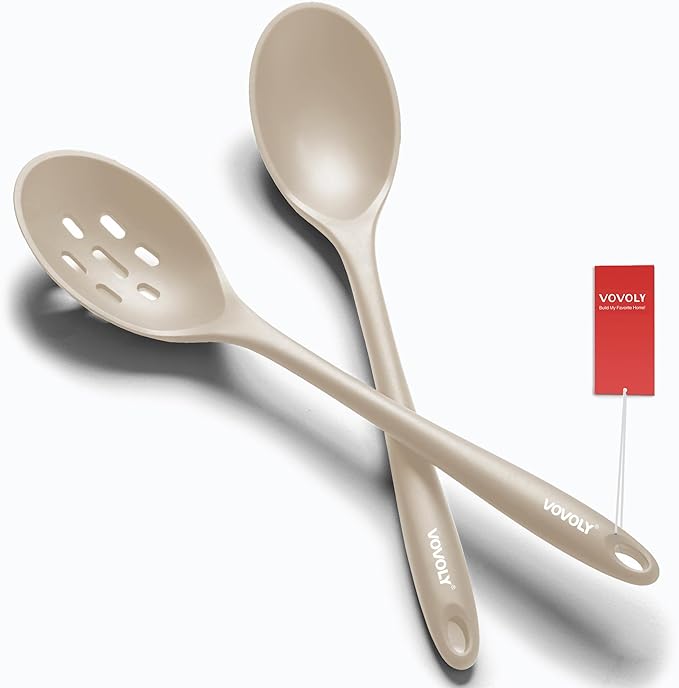 Silicone Slotted Spoons for Cooking - Extra Large Kitchen Spoons for Mixing, Serving, & Stirring - 600째F Heat-Resistant Non Stick Utensils Skimmer- Dishwasher Safe, Khaki