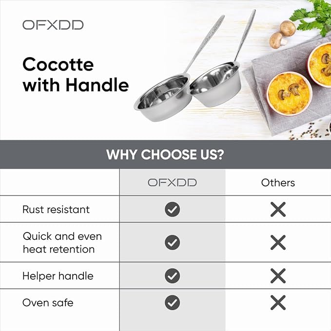 2 Pcs Cocotte 3.15 Inch and 2 Pcs Cocotte 3.54 Inch - Mini Cocotte with Handle - Ramekin for Baking Julienne, of Stainless Steel, Oven Safe, OFXDD