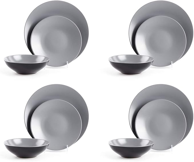 Stoneware Two-Tone Colors Life 12pc Dinner Set, Outside Shiny Black + Inside Matte Light Grey