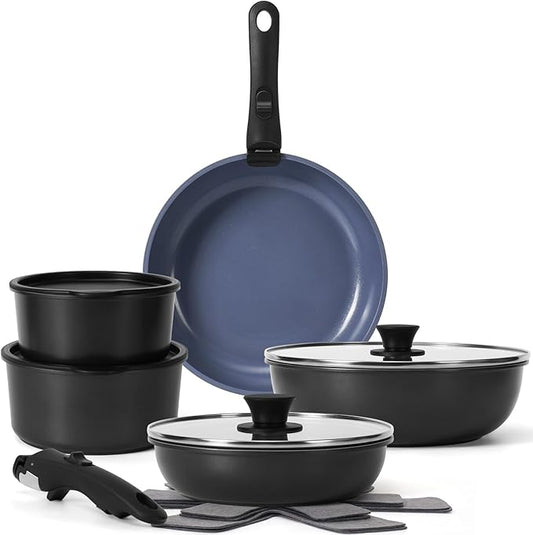 15 Pcs Pots and Pans Set Non Stick, Detachable Handle Ceramic Cookware Sets Nonstick, Non Toxic Induction RV Kitchen Cooking Set with Removable Handles, Dishwasher/Oven Safe, Easy Clean