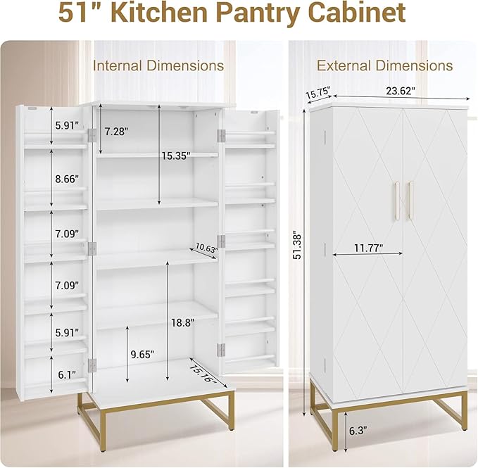 51??Kitchen Pantry Storage Cabinet, White Freestanding Pantry Cabinets with Doors and Adjustable Shelves, Buffet Cupboards Storage Cabinet for Home Office Use, Dinning Room(White + Gold)