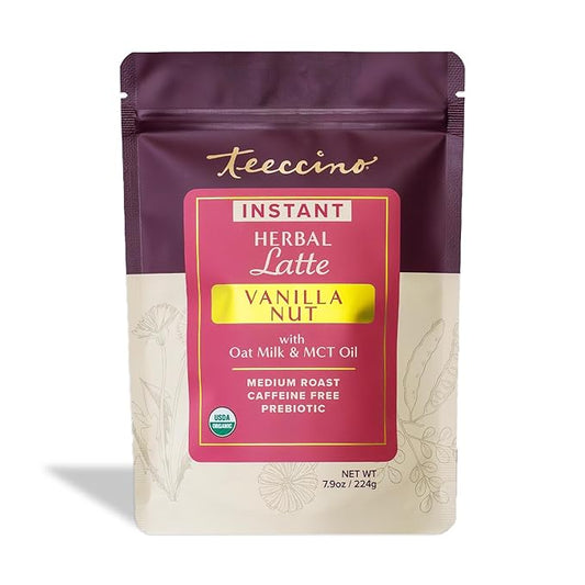 Teeccino Organic Instant Vanilla Nut Herbal Latte ??14 Servings ??Creamy Oat & Coconut Latte Plus MCT Oil with Vanilla & Dates Accenting Roasted Chicory ??Prebiotic, Caffeine-Free ??7.9 ounces