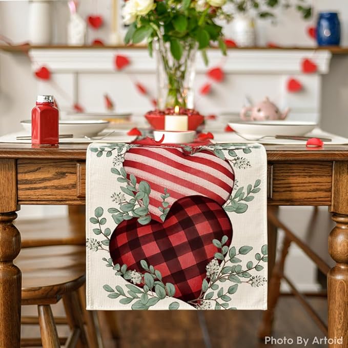 Artoid Mode Eucalyptus Hearts Valentine's Day Table Runner, Anniversary Holiday Kitchen Dining Table Decoration for Home Party Decor 13x90 Inch