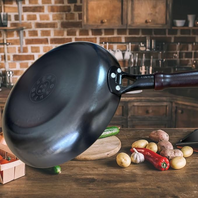 11.8"(30cm) Cast Iron Skillet Frying Pan Physical Non-Stick Cooking Pan with Wooden Handle, Use on the Gas & Electric Stove, Oven, Induction Cooktop, Grill or Over a Campfire,Fried Beef Steak