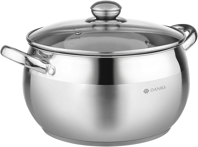 Daniks Classic 6.5 Quart Stainless Steel Stock Pot with Glass Lid, Tri-Ply Bottom for Even Heating, Induction Compatible, Dishwasher Safe