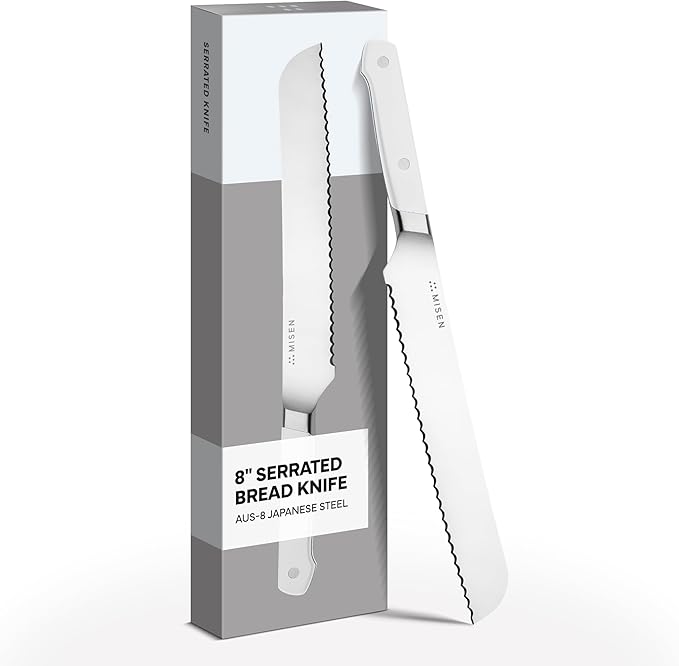 Misen Serrated Bread Knife ??High-Carbon Japanese AUS8 Steel ??Effortless Slicing of Bread, Pastries, and Fruits ??Razor-Sharp Edge and Durable Blade with Ergonomic Handle - 8", White