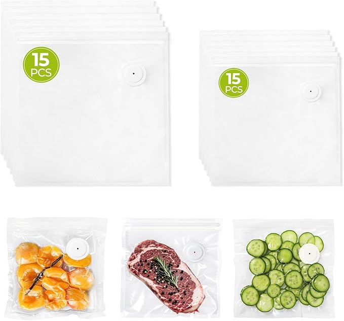 Reusable Vacuum Sealer Bags for Food with Air Valve, 30 Pack BPA?멑ree Food Saver Bags Dishwasher?멣afe, Freezer,Microwave, Odor-Resistant, Leak?몆roof for Leftovers, Meal Prep, Sous Vide, BBQ