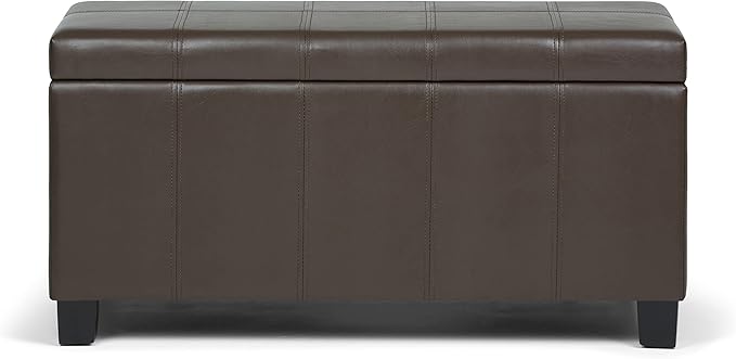 SIMPLIHOME Dover Storage Ottoman Bench - 36 inch Wide Upholstered Vegan Leather Rectangular Lift-Top Ottoman in Chocolate Brown, Contemporary Bench for Living Room with Safety Hinges