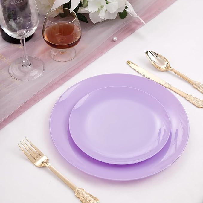 KIRE 60PCS Purple Plastic Plates Disposable - Heavy Duty Purple Plates Include 30Pcs 10.25??Dinner and 30Pcs 7.5??for Dessert/Salad - for Wedding/Bridal Shower