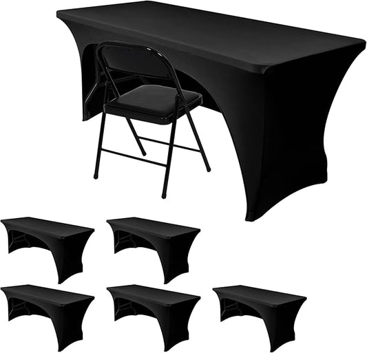 Nasitos 6 Pack Black Table Cloth 6 Foot-Spandex Fitted Tablecloth Rectangle Tables, Open Back Stretch Folding Trade Show Table Covers Fabric Washable & Wrinkle Resistant for Parties, Wedding, Event
