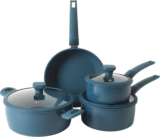 Gibson Home Helensburgh 7-Piece PFA-Free Ceramic Nonstick Carbon Steel Cookware Set ??Blue Pots and Pans with Glass Lids, Saucepan, Dutch Oven, Fry Pan