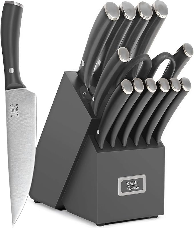 Newly Updated Chef Knife Set Sharp Blade Rivet Ergonomic Handle Knife Block Set Hundreds of Years of Masterful Craftsmanship(Black,15PCS)