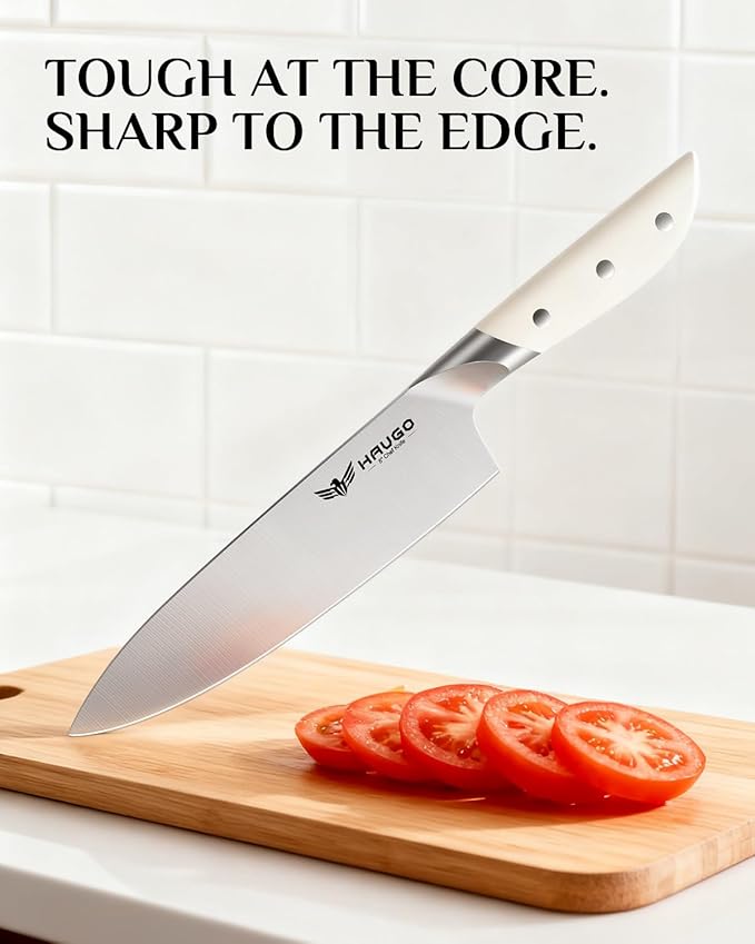 Kitchen Knife Set - Haugo 14 PCS Cream White Knife Set with Block and Sharpener - German Stainless Steel - Full Tang Knife Block Set and Ergonomic Handle - Obsidian Series