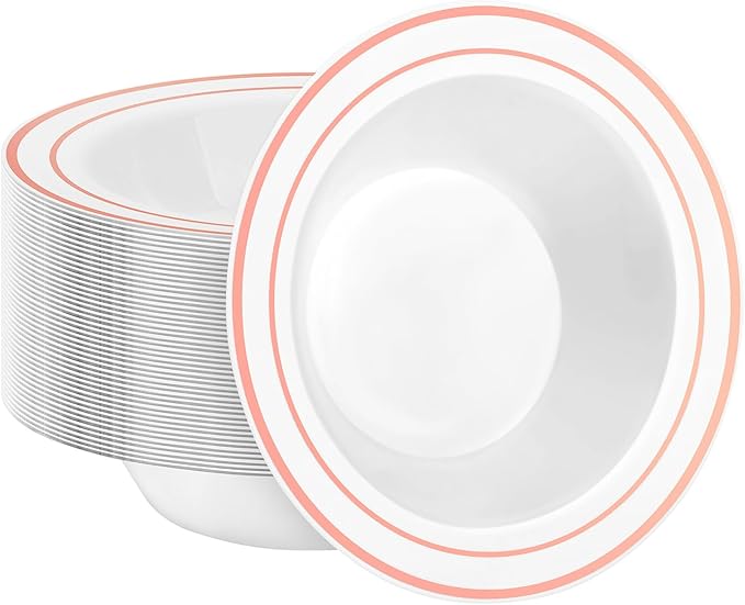 BESTSTAR 50 Pack Disposable Soup Bowls with Rose Gold Rim, 12oz Premium Heavy Duty Plastic Dinner Bowls for Party, Wedding and Holiday