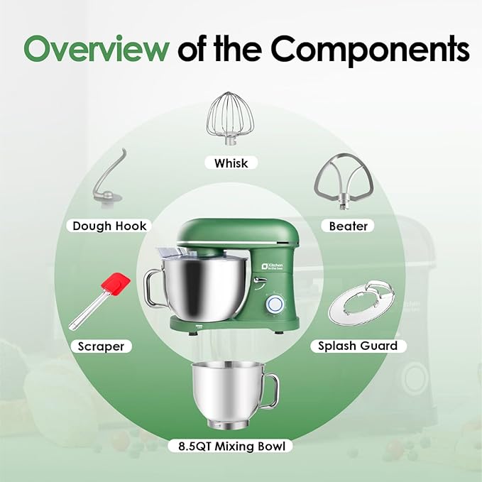 Kitchen in the box Stand Mixer - 8.5 Quart Electric Kitchen Standing Mixer 900 Watt for Heavy Bread Dough,Baking,Cake,Cream & Batters,Tilt Head Design (Green)