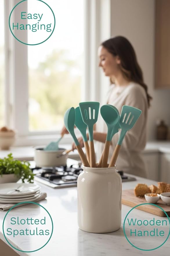 Silicone Cooking Spoons, 5-Piece Nonstick Utensil Set with Acacia Wood Handles - Heat-Resistant for Frying, Serving & Turning Spatula