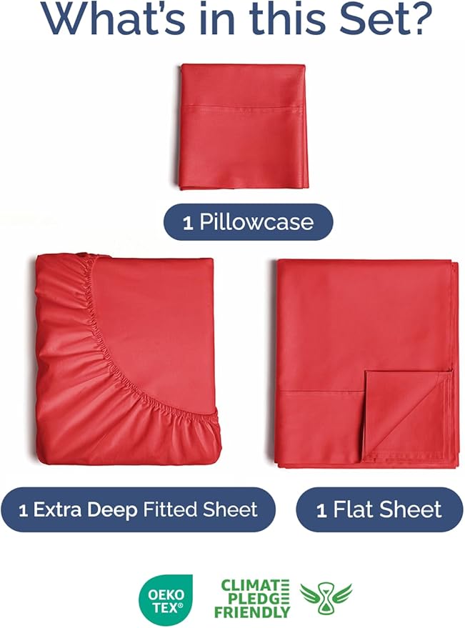 Extra Deep Pocket Twin Sheets - 3 Piece Breathable & Cooling Bed Sheets - Hotel Luxury Bed Sheet Set - Soft, Wrinkle Free & Comfy - Easily Fits Extra Deep Mattresses - Deep Pocket Red Sheets Set