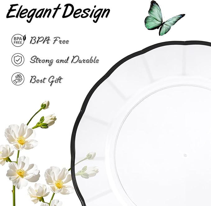 EI 150pcs Clear and Black Plastic Plates Dinnerware Disposable Party Set for 30Guests,Dinnerware Include 60 Clear Plates Disposable 90 Black Silverware,Perfect for Party,Business Events,Hotel