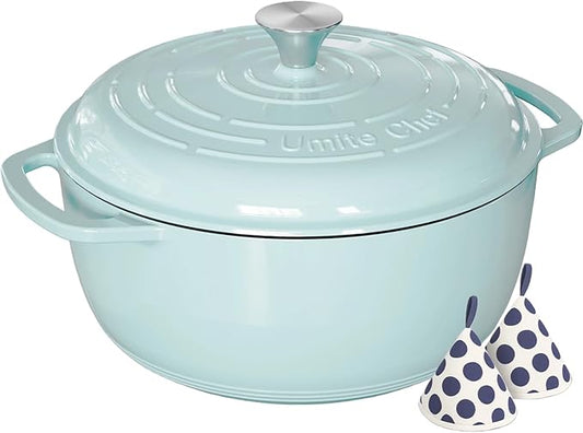 Umite Chef 6QT Enameled Cast Iron Dutch Oven with Lid, Versatile Heavy-Duty Cookware Pot for Baking Bread, Braising, Soups & Stews, Oven & Stovetop Safe with Heat Resistant Gloves（Blue）