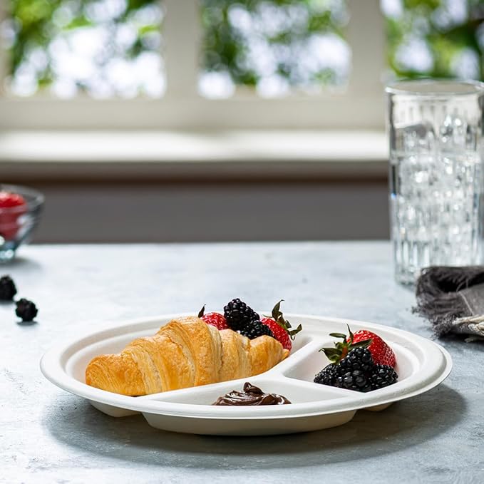 GUSTO [Case of 500 100% Compostable 3 Compartment - 9 Inch Paper White Heavy-Duty Divided Disposable Biodegradable Plates (Formerly Comfy Package)