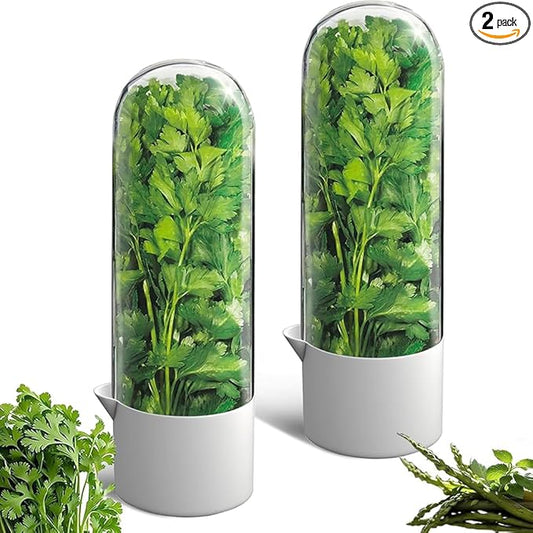 2 Pack Herb Keeper for Refrigerator, Clear BPA-Free Fresh Herb Saver, Fridge Storage Container for Cilantro, Parsley, Thyme, Mint & Asparagus for 2-3 Weeks
